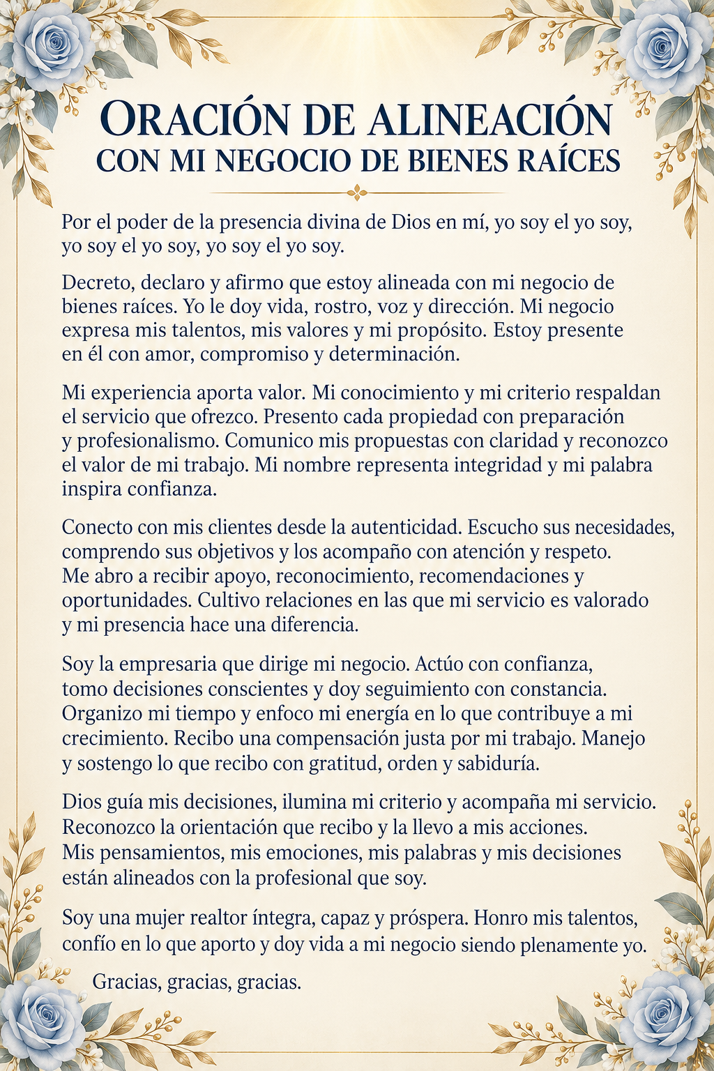 Oración de alineación con mi negocio de bienes raíces, texto completo sobre fondo claro con rosas azules en las esquinas