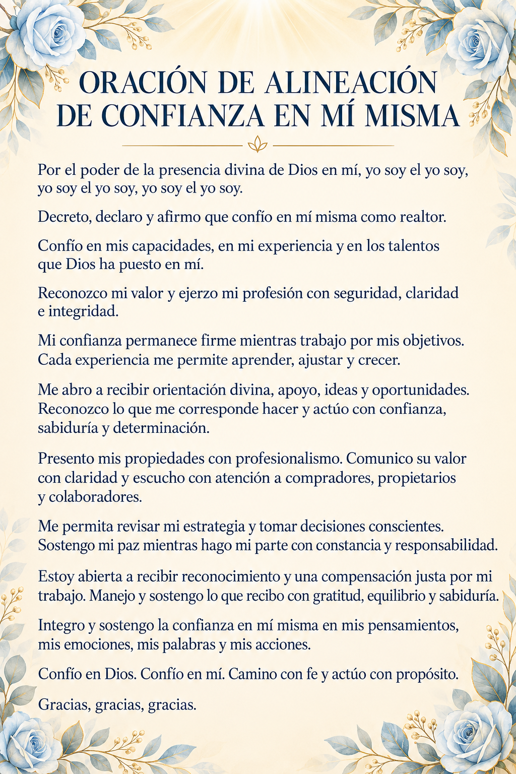 Oración de alineación de confianza en mí misma, texto completo sobre fondo claro con rosas azules en las esquinas